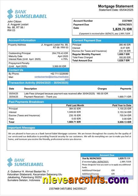 Indonesia Bank Sumsel Babel mortgage statement Word and PDF template